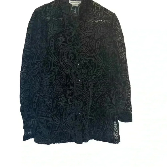 Vintage Black Velvet Burnout Sheer Button Up Blouse Small Whimsigoth Party - Picture 2 of 8
